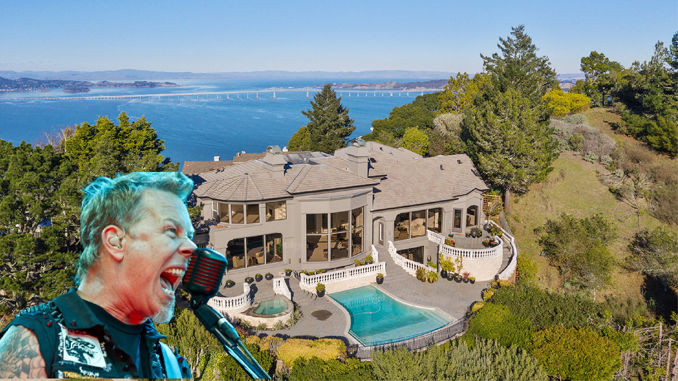 James Hetfield of Metallica singing into a microphone, superimposed over an aerial view of his beachfront mansion featuring